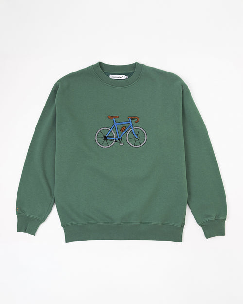 Green sweatshirt with a bicycle design on a white background