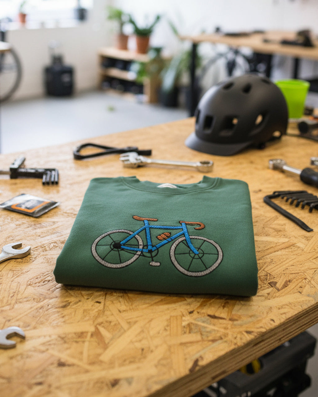 Green sweatshirt with bicycle design on a wooden table with tools and a helmet in the background